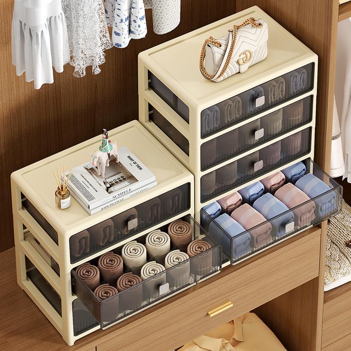 奶油风抽屉式收纳盒内衣内裤袜子三合一储物盒多层化妆品收纳架
