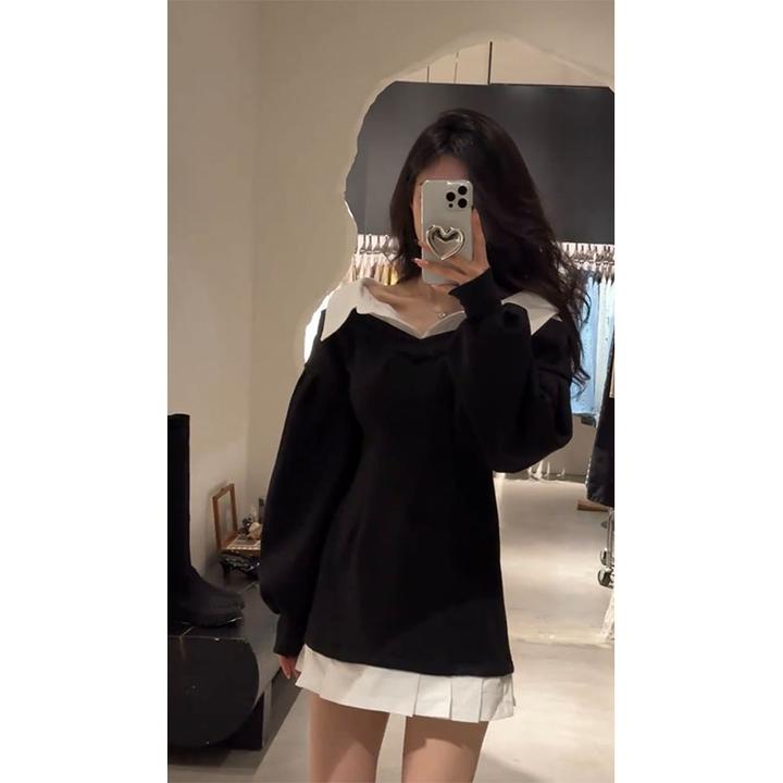 2025春季新款时尚韩系洋气减龄设计感假两件宽松显瘦长袖连衣裙女