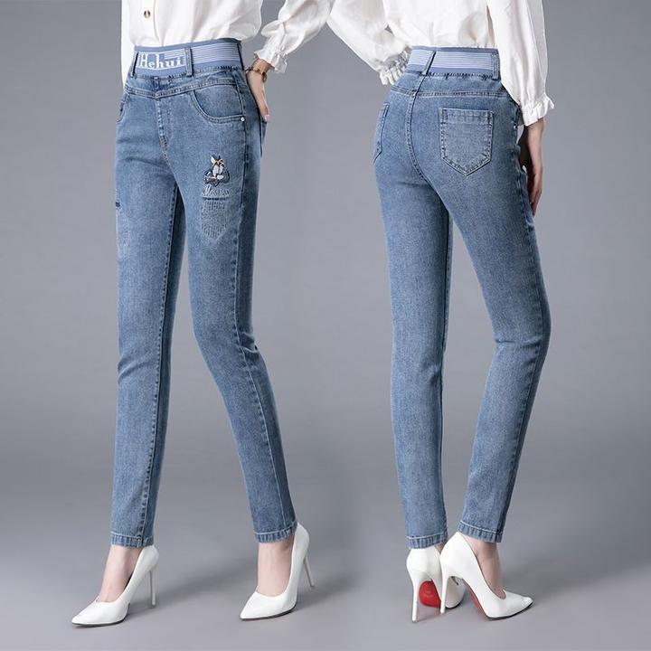 松紧腰天丝九分哈伦直筒牛仔裤女春秋弹力紧身显瘦小脚休闲铅笔裤