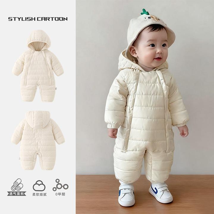 婴儿冬装保暖外出衣服加厚防风秋冬款连体衣外穿连帽宝宝棉衣