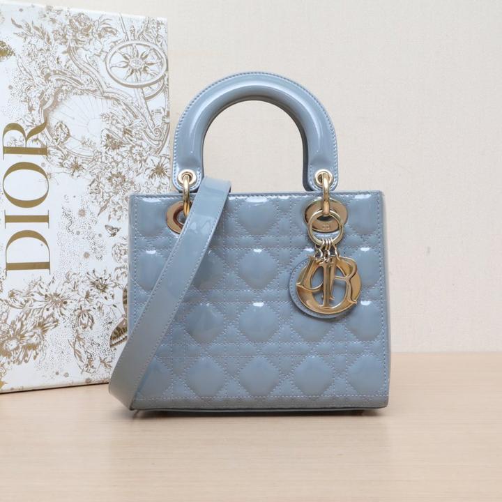 95新 DIOR/迪奥 小花Jerry活动Lady Dior 戴妃包 四格 蓝色 漆皮