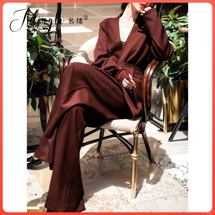 松弛感两件套装阔腿穿搭休闲西装2025年系带西裤高智感v领秋季