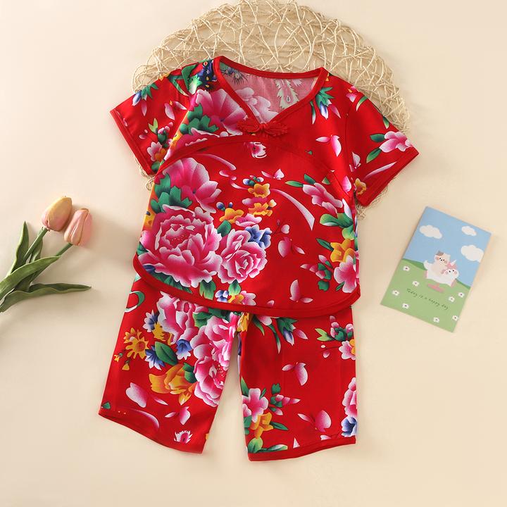 夏薄款女童睡衣宝宝绵绸七分袖家居服汉服套装女孩男孩短袖两件套