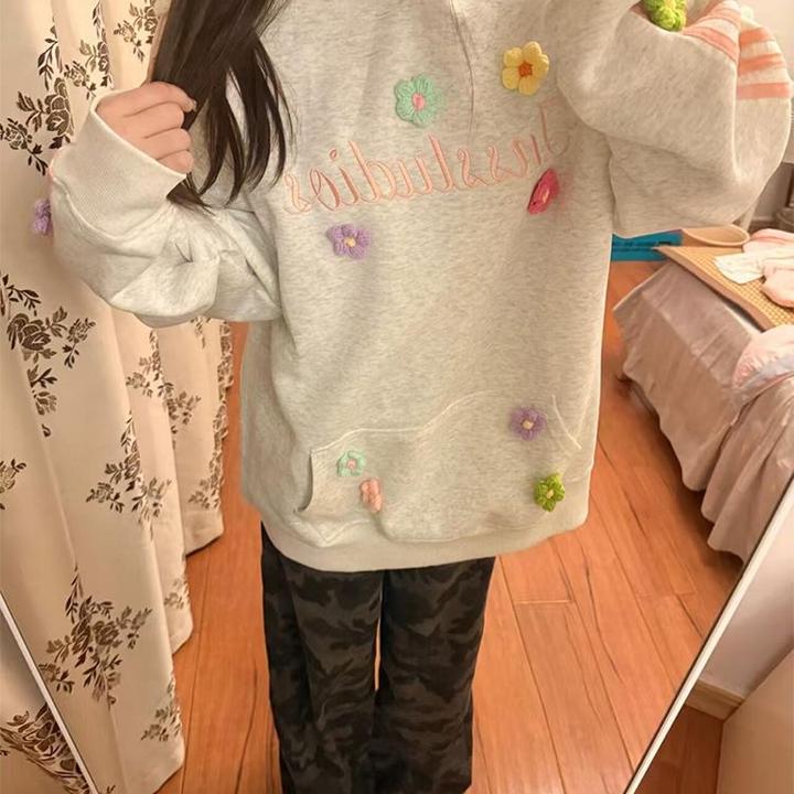 国潮牌复古立体花朵字母刺绣连帽卫衣女春秋薄款宽松美式情侣外套