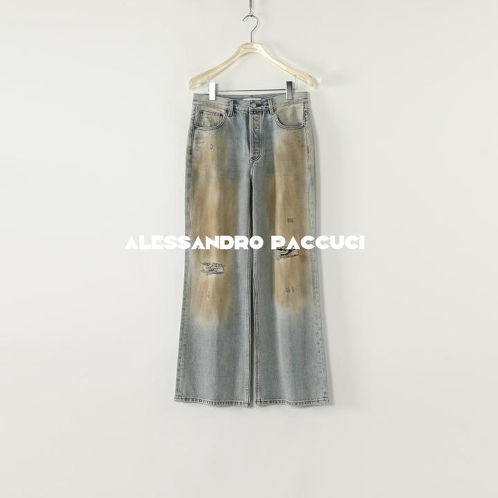 AP洛哥52122KC【锈迹街头】100棉抹脏发黄做旧破洞时尚微喇牛仔长裤