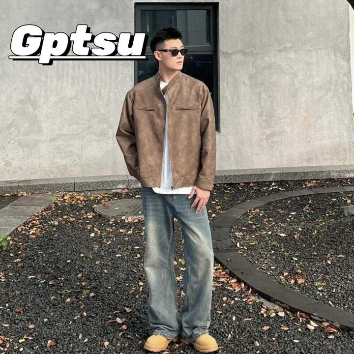GPTSu皮衣外套男痞帅风春秋季pu皮机车上衣潮牌美拉德棕色皮夹克