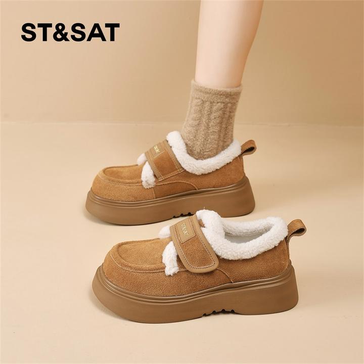 星期六加绒勃肯鞋女2025新款冬季保暖毛毛鞋魔术贴厚底乐福鞋棉鞋