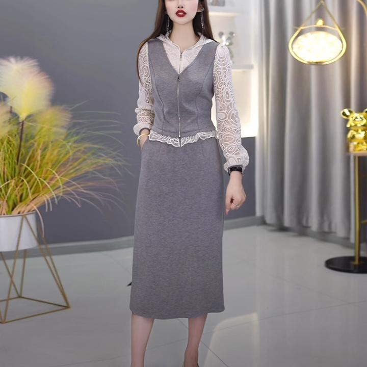 空气棉轻奢女装2025春季新款长袖时尚气质连帽拼接假两件连衣裙子