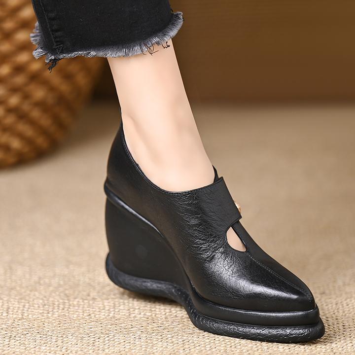 轩玥情女鞋9厘米牛皮厚底深口单鞋女百搭增高坡跟鞋魔术贴高跟鞋