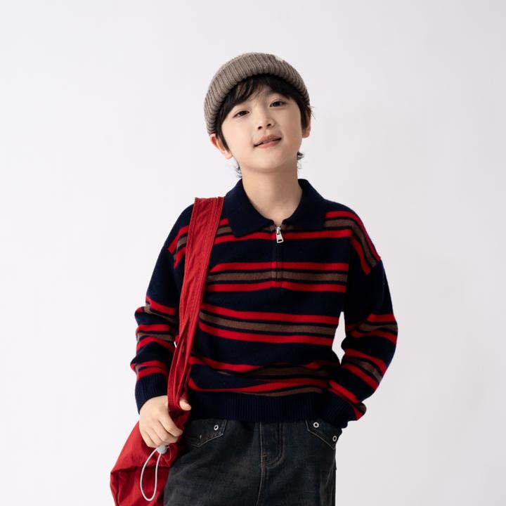 ‘梦龙’【100%羊毛】男童半拉链POIO领红条纹羊毛衫儿童毛衣L