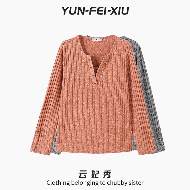 云妃秀大码女装针织衫时尚休闲微胖宽松显瘦v领纯色百搭秋季9701