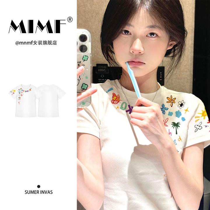 mnmf美式辣妹风涂鸦印花正肩短袖T恤夏季新款百搭修身显瘦上衣服