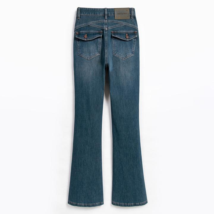 2025秋季阔腿微喇牛仔裤女九分百搭高腰修身显瘦时尚深黛绿长裤