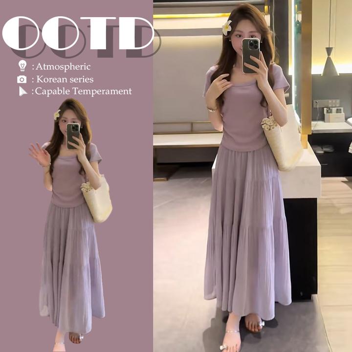 夏日一整套ootd穿搭减龄时尚温柔风紫色针织小衫高腰半身裙套装女