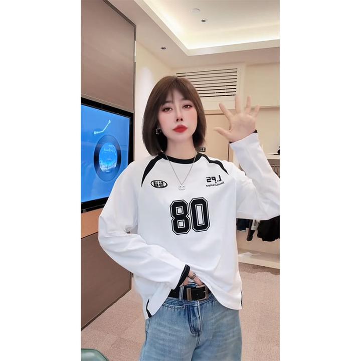 欧洲站冬季新款字母宽松型长袖拼接刺绣数字设计感显瘦休闲潮流女