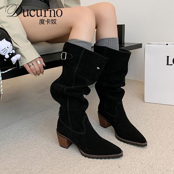 DUCURNO美拉德真皮棕色堆堆靴女粗跟高筒西部靴后拉链辣妹长筒靴