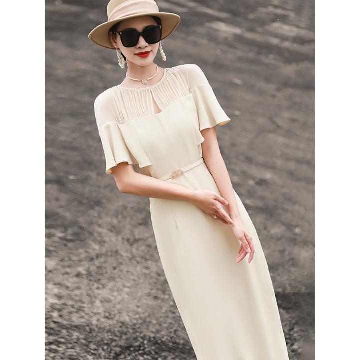2024夏季新气质高级感荷叶袖拼接系带修身显瘦包臀连衣裙女假两件
