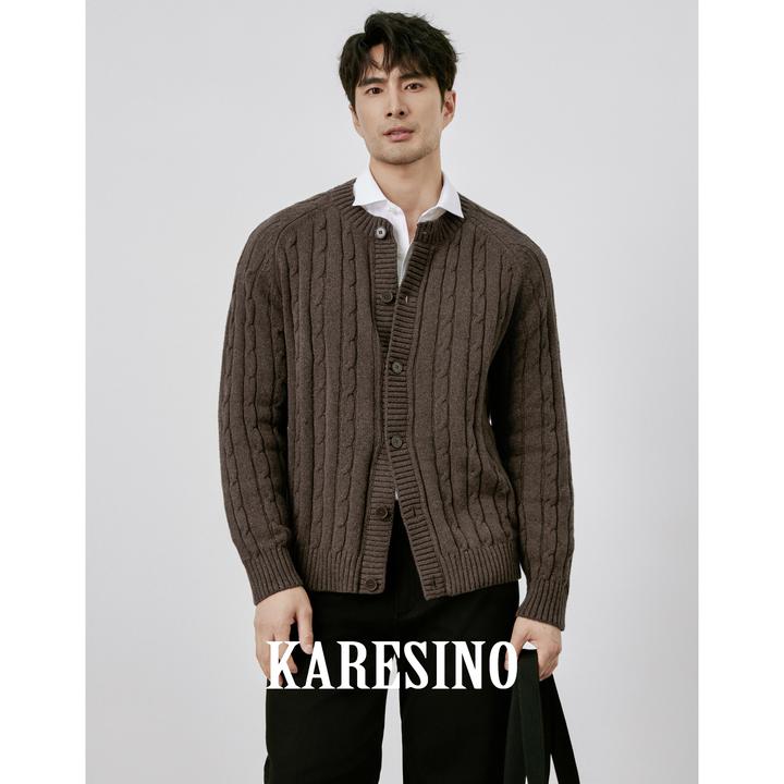 KARESINO冬季男士绞花针织毛线上衣外套男款圆领休闲毛衣羊毛开衫