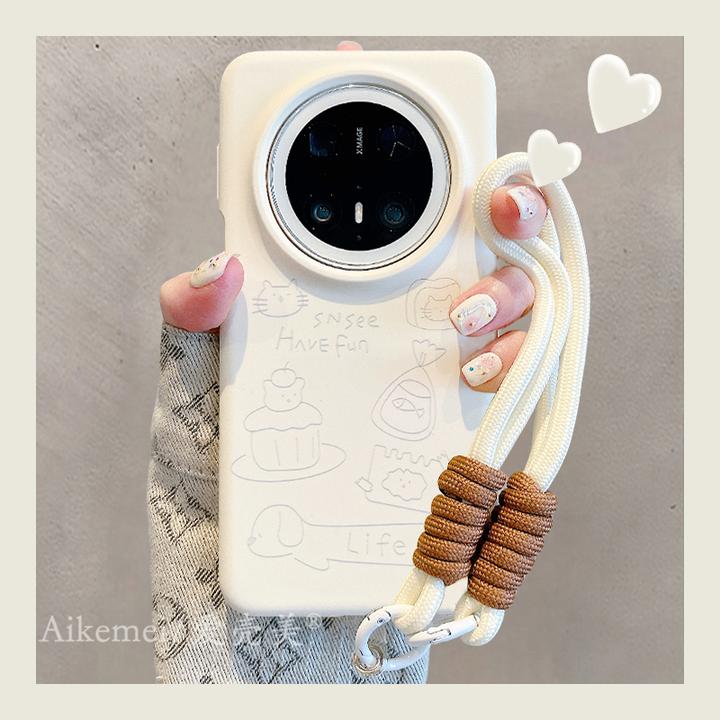 适用华为mate70pro+手机壳液态硅胶Mate60pro+线条蛋糕猫咪小狗女