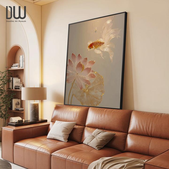 招财锦鲤新中式客厅装饰画东方美学沙发背景墙挂画年年有余荷花画