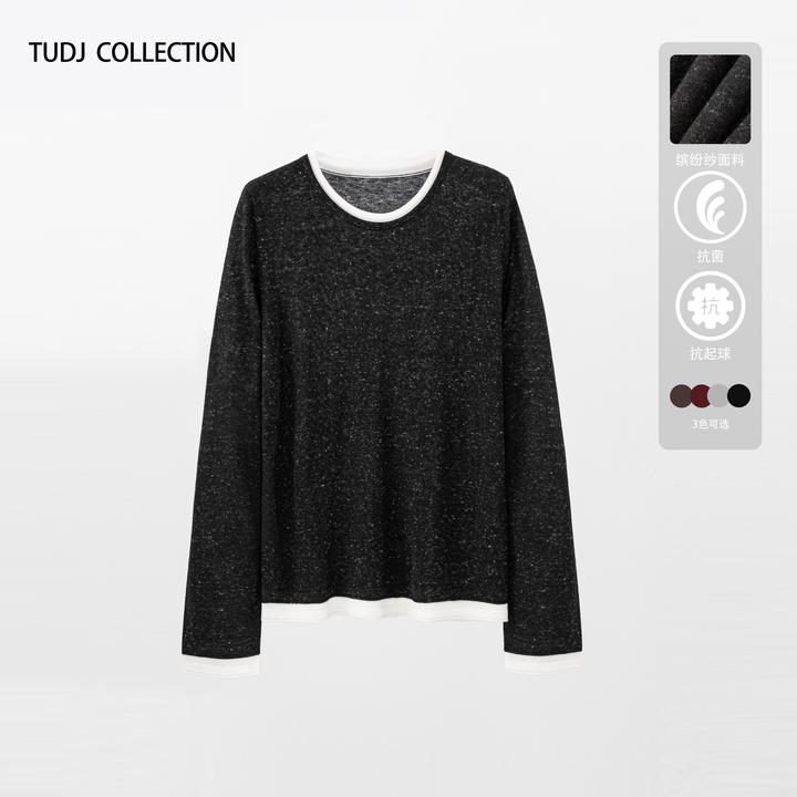 TUDJ【琥珀流光】文艺假两件毛衣女士圆领长袖打底内搭宽松针织上衣