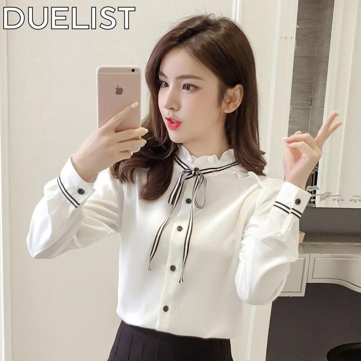 DUELIST白色衬衫女新款拼接丝带雪纺衫女木耳花边立领开衫上衣服