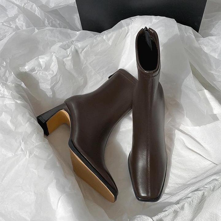 棕色短靴女高跟秋冬新款加绒粗跟法式小踝靴后拉链弹力方头瘦瘦靴