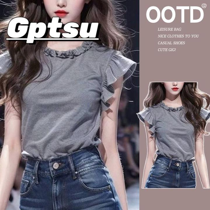 GPTSu夏季独特上衣超好看漂亮小衫法式圆领木耳边灰色小飞袖t恤女