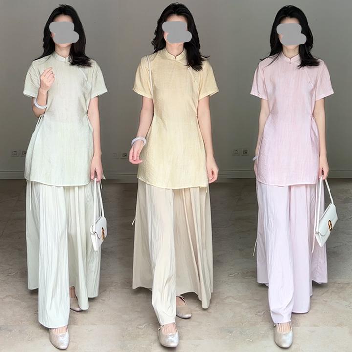 新中式国风套装夏季新款高级感浅绿色短袖上衣阔腿裤气质两件套女