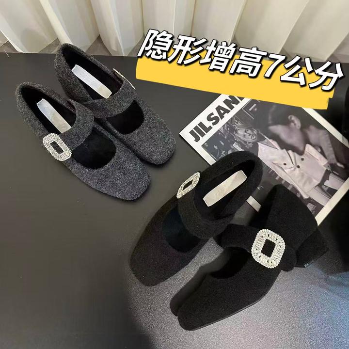 小个子7cm小香风方头水钻内增高毛毛鞋女秋冬加绒粗跟玛丽珍单鞋