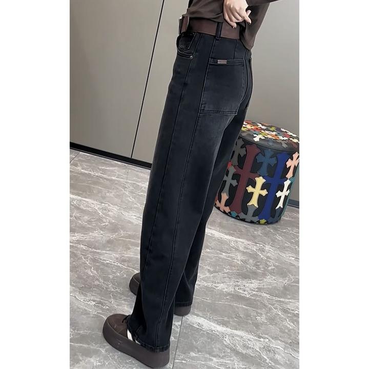 2025秋季新款弯刀牛仔裤女大码显瘦直筒拖地裤遮肉时尚减龄阔腿裤