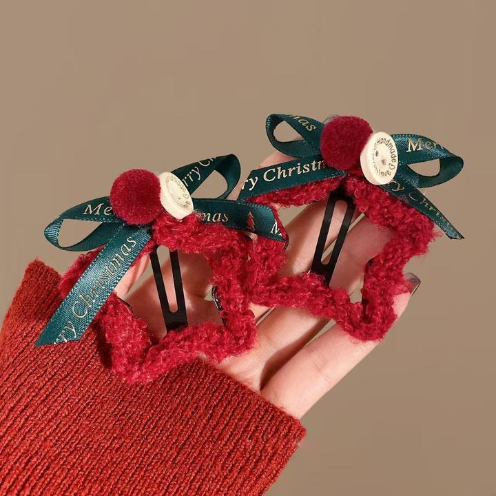 蝴蝶结刘海BB夹侧边夹发卡圣诞节头饰发饰红色毛绒可爱韩版秋冬夹