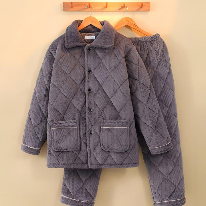 冬季睡衣夹棉男士加绒加厚保暖中老年爸爸爷爷冬天珊瑚绒男冬套装