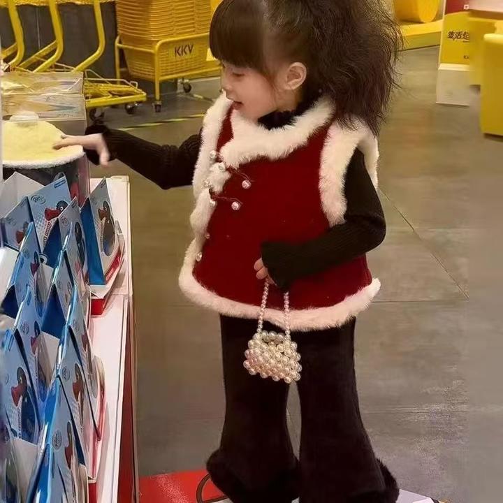 拜年服新年套装女童国风马甲加绒秋冬季女宝宝喜庆红色盘扣微喇裤