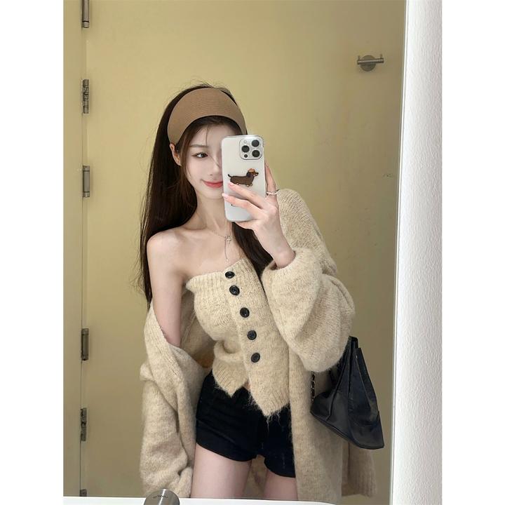 慵懒风杏色长袖毛衣外套女秋季时尚套装甜辣妹针织抹胸背心两件套