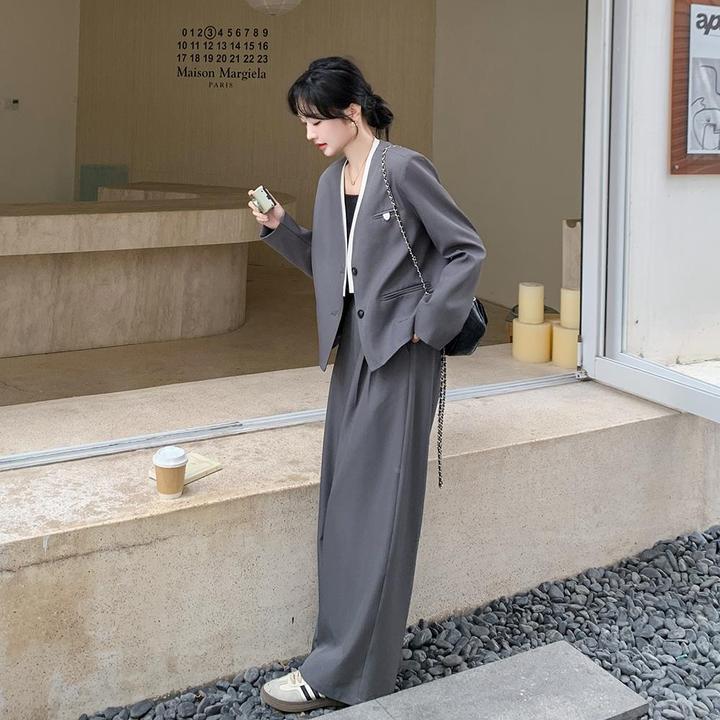 时尚气质轻职场灰色无领西装套装女春秋气场强大阔腿西装裤两件套