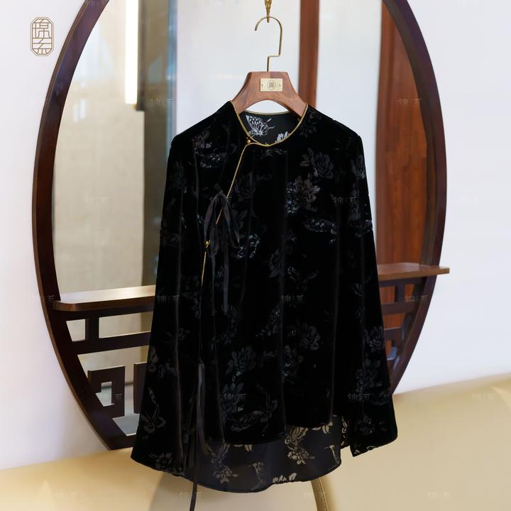 【锦系】真丝乔绒新中式国风桑蚕丝圆领斜襟长袖上衣C-382422