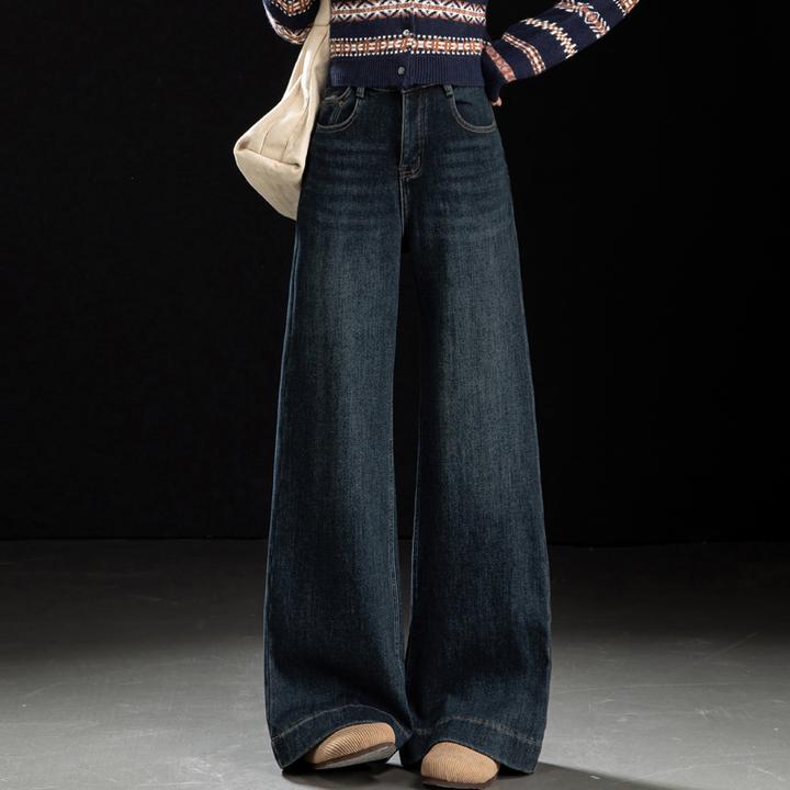 复古蓝加绒阔腿牛仔裤女2025秋冬新款宽松慵懒风高腰显瘦拖地裤子