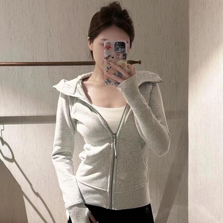 修身卫衣女冬季加绒显瘦运动连帽外套短款2024新款银狐绒韩版上衣