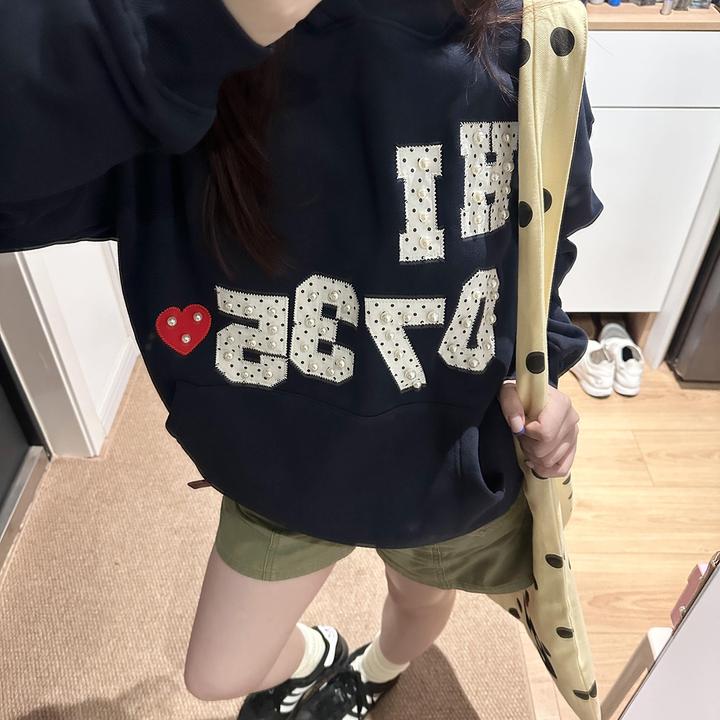 韩系爱心字母钉珠套头连帽卫衣女春秋高街设计宽松显瘦休闲外套潮
