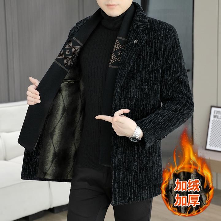 2025新款冬季毛呢大衣男士夹克外套西装领加厚中长款风衣男爸爸装
