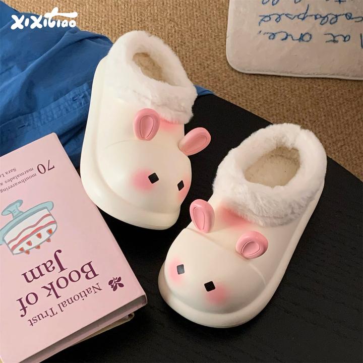 细细条 居家防水毛毛拖鞋防滑女冬可爱小兔子棉鞋时尚懒人棉拖鞋