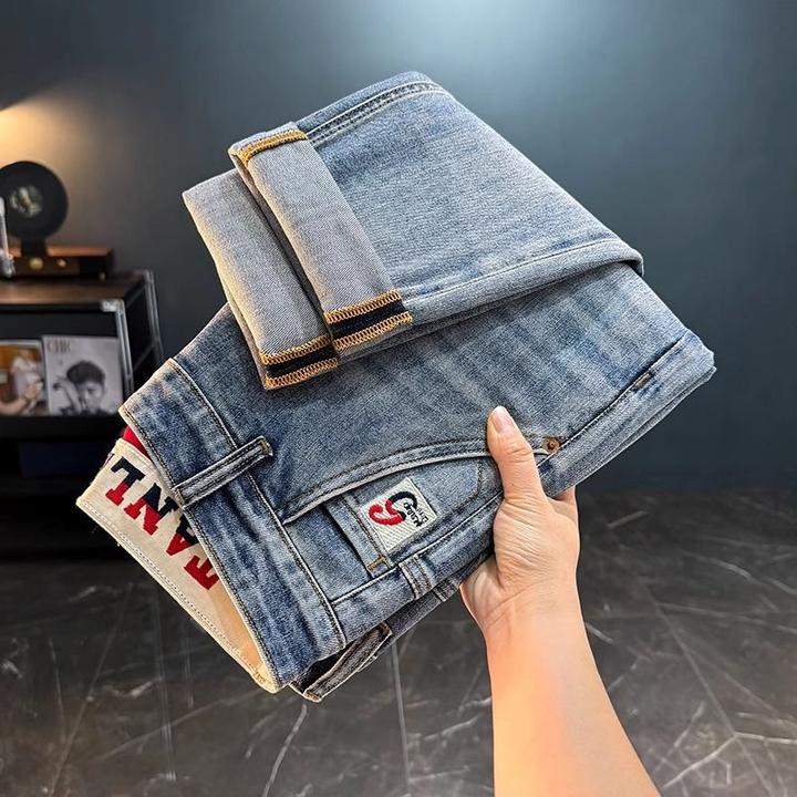 HTKD莱赛尔男士牛仔裤夏季新款修身小脚裤刺绣男款休闲直筒男裤