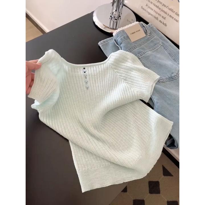 法式镂空设计感方领正肩T恤女2025新款夏日独特漂亮减龄针织上衣