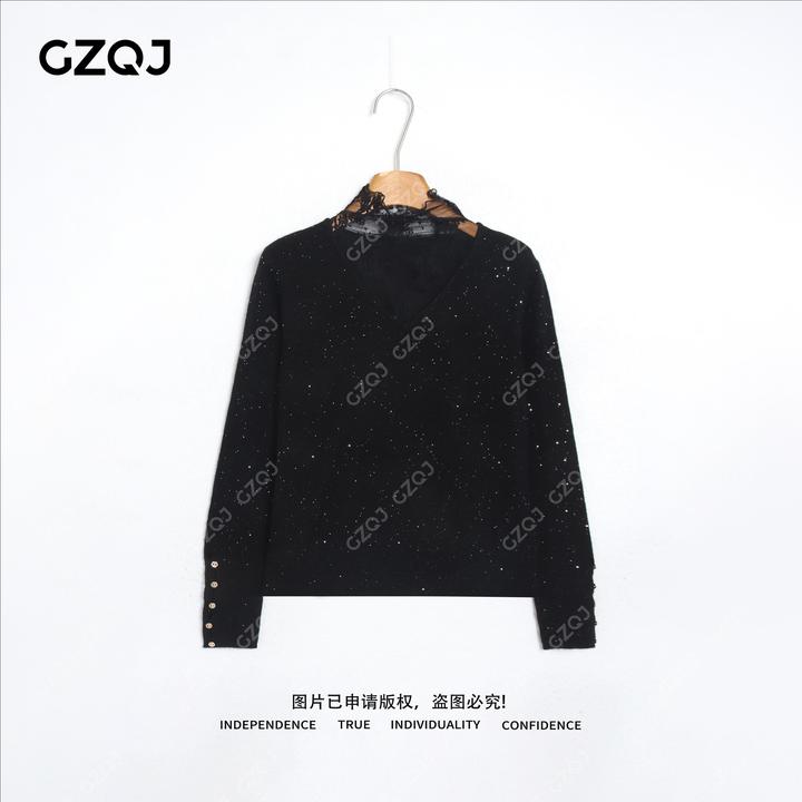 老琴私服【星夜蕾丝】骆马绒绵羊毛蕾丝拼接假两件针织衫毛衣86183