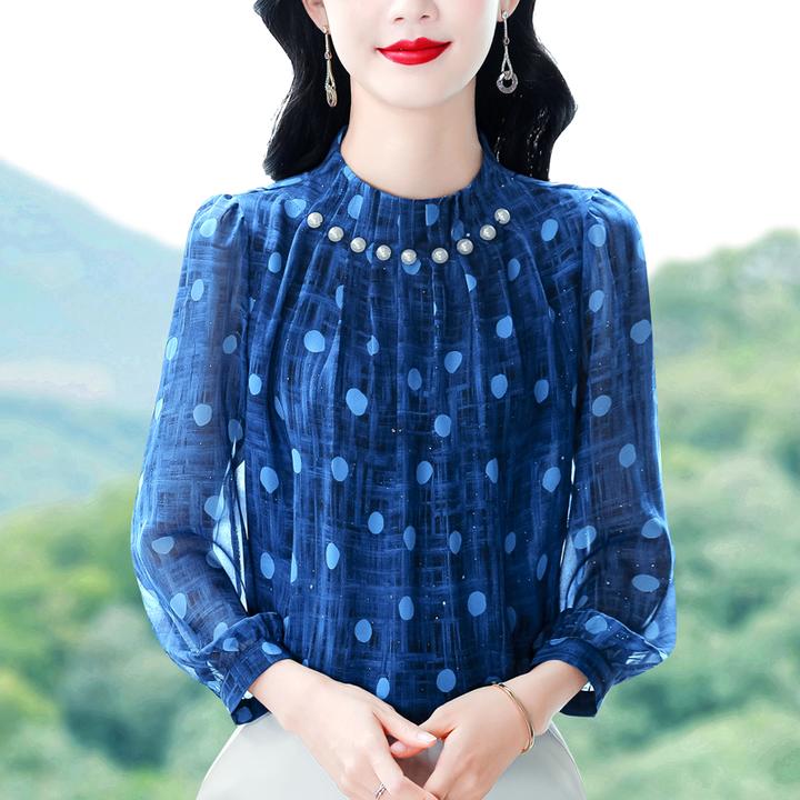 秋季立领钉珠显瘦气质中年洋气波点宽松遮肚雪纺衫长袖时尚上衣