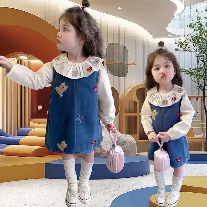 女宝宝春秋娃娃领牛仔裙两件套2025新款小女孩甜美洋气背心连衣裙