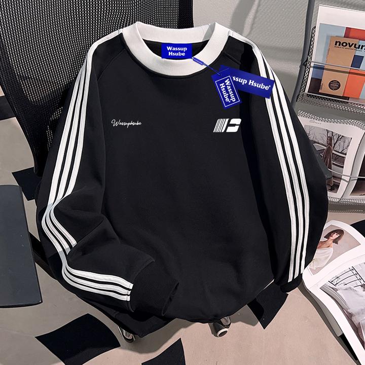 WASSUP HSUBE美式复古三条杠重磅潮牌圆领卫衣宽松秋冬百搭上衣服