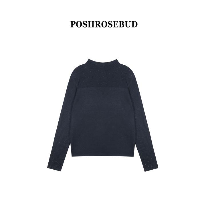 【POSHROSEBUD】长袖竖条散钻小标半高领打底毛衣SZ7093