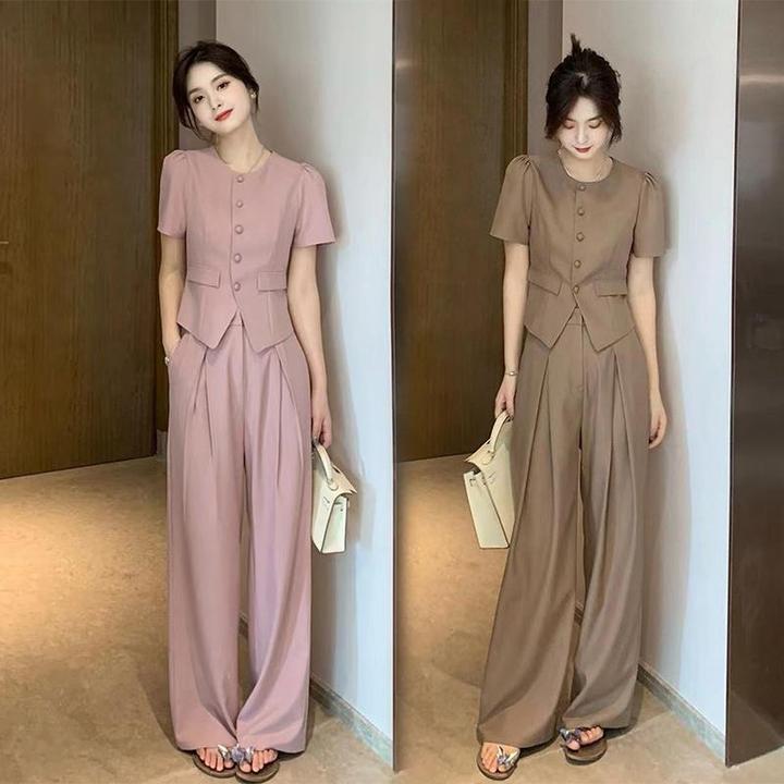 今年流行小香风职业套装气场强大女装高端显瘦粉色阔腿裤两件套夏